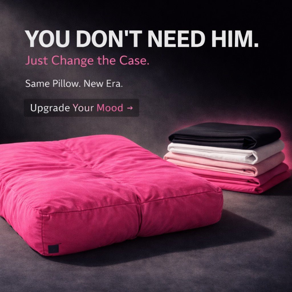 Pink breakup bamboo pillow and folded blankets on a dark background with promotional text.