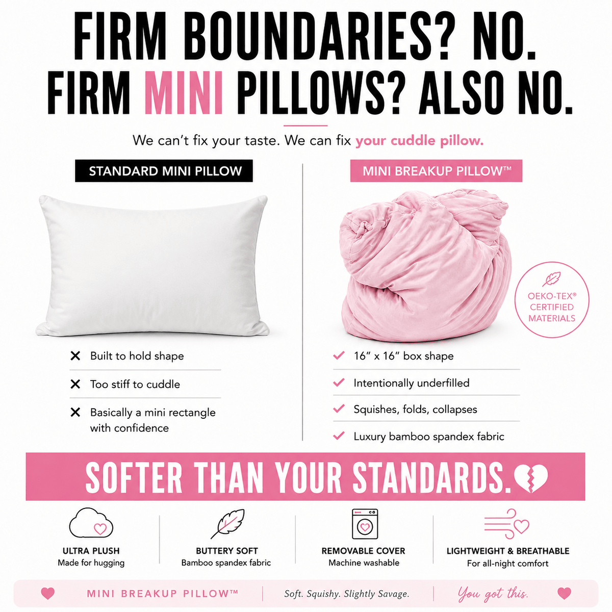 Mini Breakup Pillow – 16-inch squishy bamboo cuddle pillow, travel-size breakup gift by The Breakup Pillow