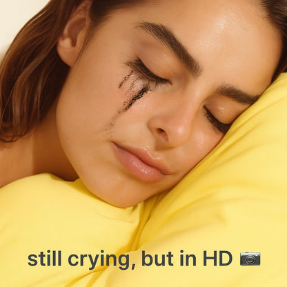 Woman crying on Sunny But Still Mad yellow breakup pillow – Still Crying But In HD, breakup gift by The Breakup Pillow
