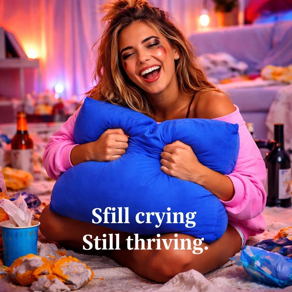 Woman holding a blue squishy pillow with text 'Still crying, Still thriving' in a messy room.