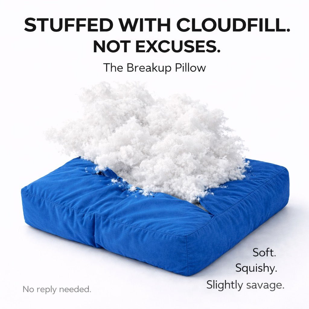 Blue pillow with white stuffing labeled 'The Breakup Pillow' on a white background.
