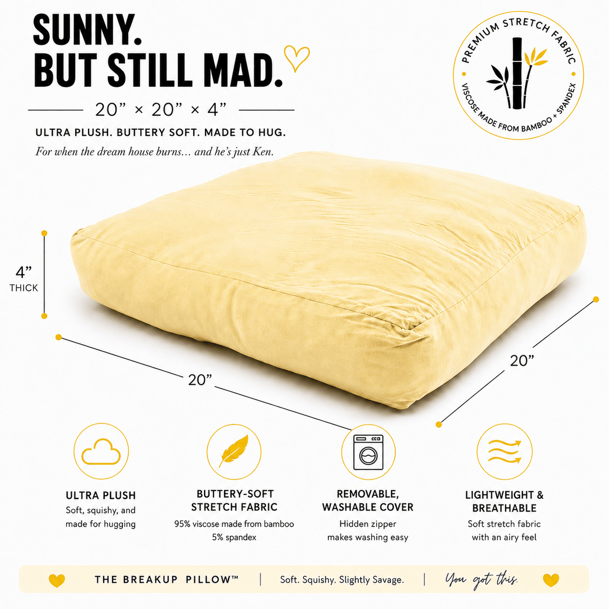 Sunny But Still Mad yellow breakup pillow – breakup gift for her by The Breakup Pillow