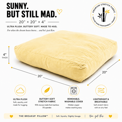 Sunny But Still Mad yellow breakup pillow – breakup gift for her by The Breakup Pillow