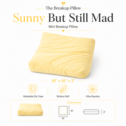 Sunny But Still Mad yellow Mini Breakup Pillow size guide – 16 x 16 x 3 inch bamboo cuddle pillow by The Breakup Pillow