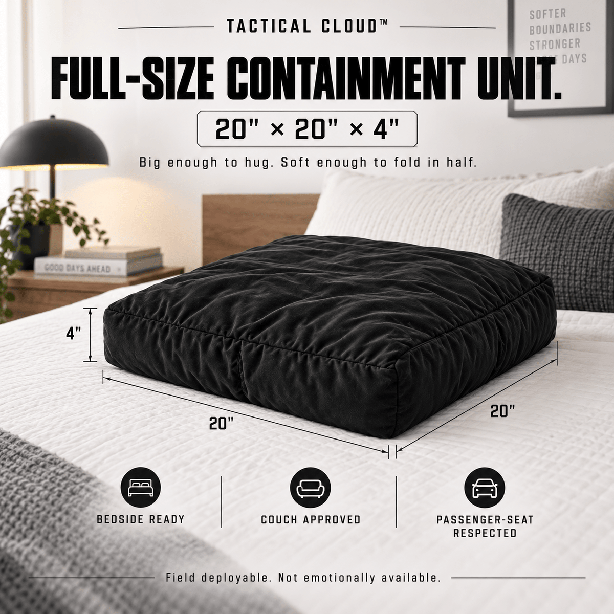 Tactical Cloud black cuddle pillow dimensions 20 by 20 by 4 inches