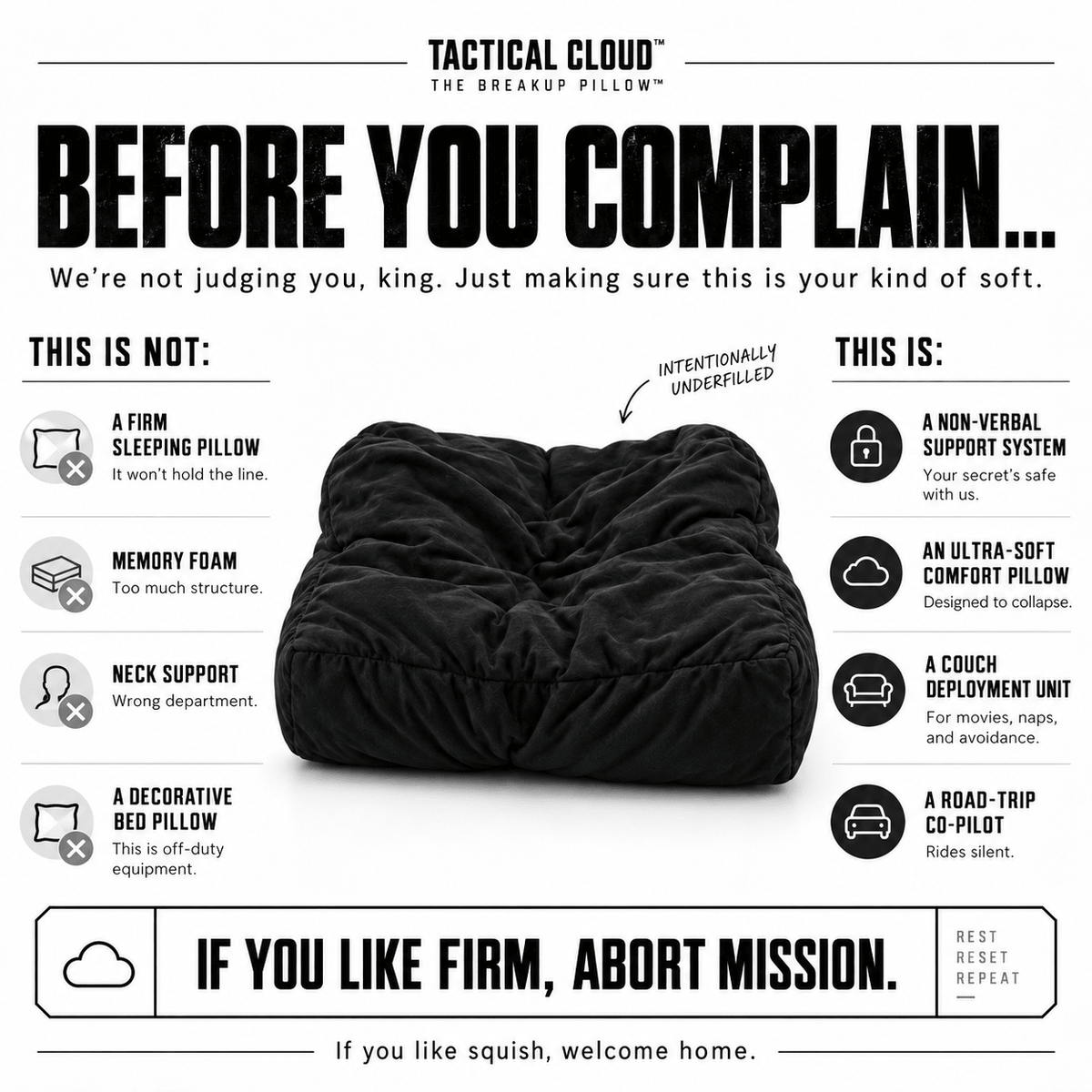 Tactical Cloud intentionally underfilled black cuddle pillow explaining what it is and is not