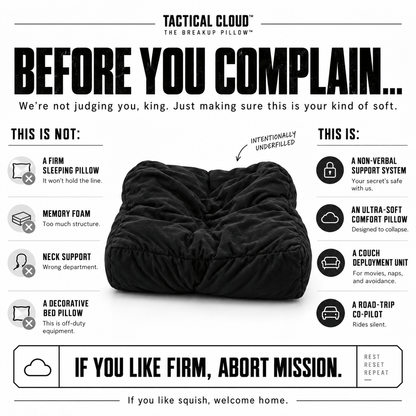 Tactical Cloud intentionally underfilled black cuddle pillow explaining what it is and is not