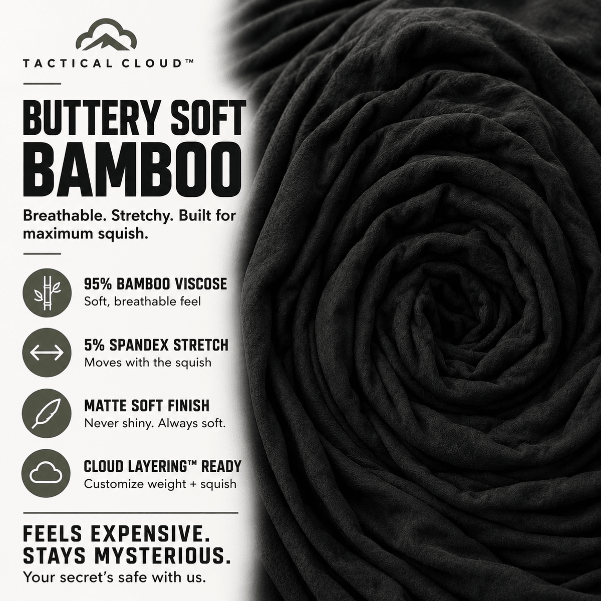 Tactical Cloud buttery soft black bamboo fabric closeup showing stretch and texture