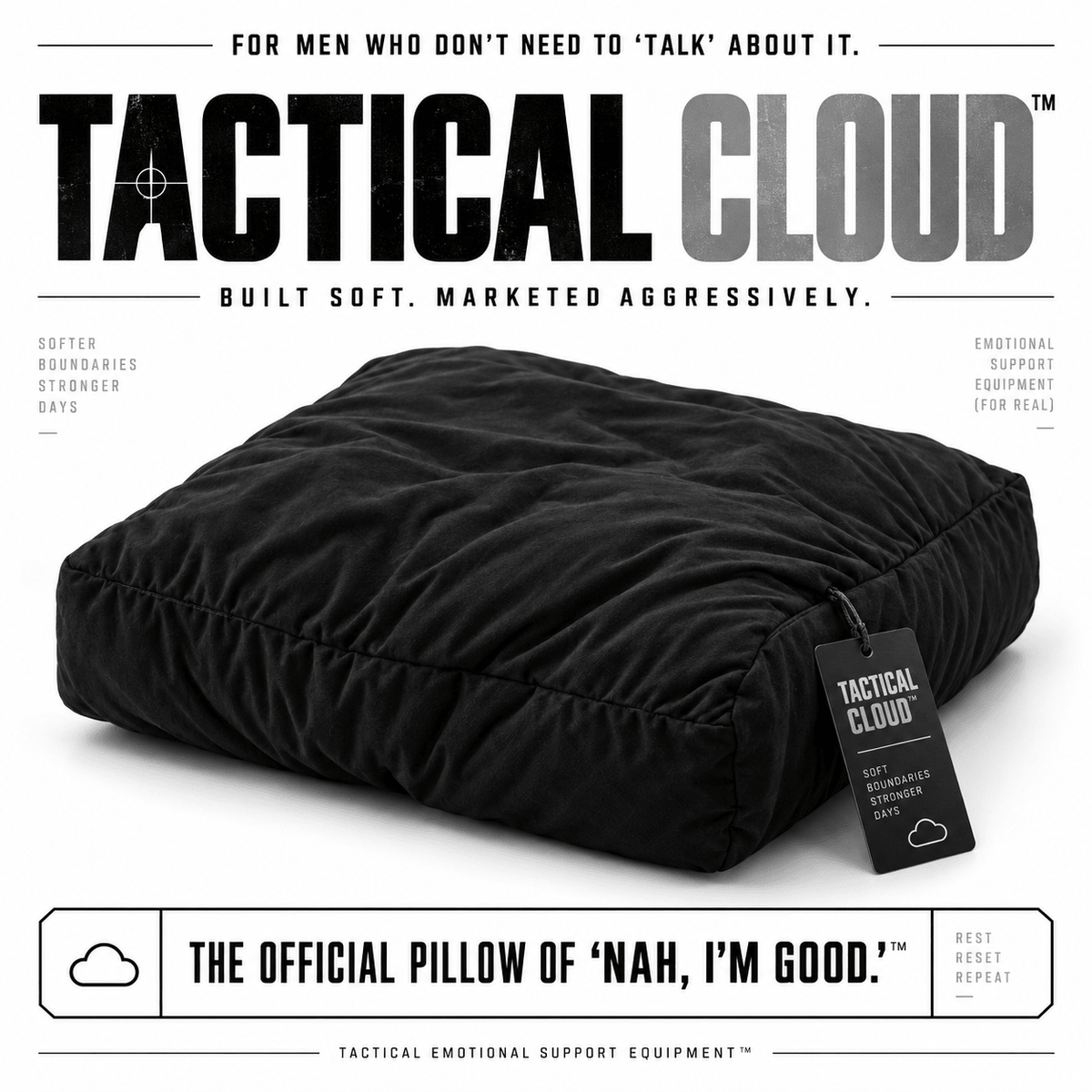 Tactical Cloud men's breakup pillow in black bamboo stretch fabric, intentionally underfilled for maximum squish