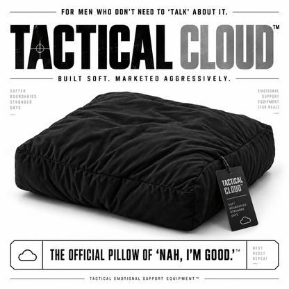 Tactical Cloud men's breakup pillow in black bamboo stretch fabric, intentionally underfilled for maximum squish