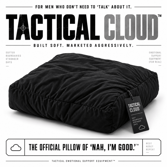 Tactical Cloud men's breakup pillow in black bamboo stretch fabric, intentionally underfilled for maximum squish