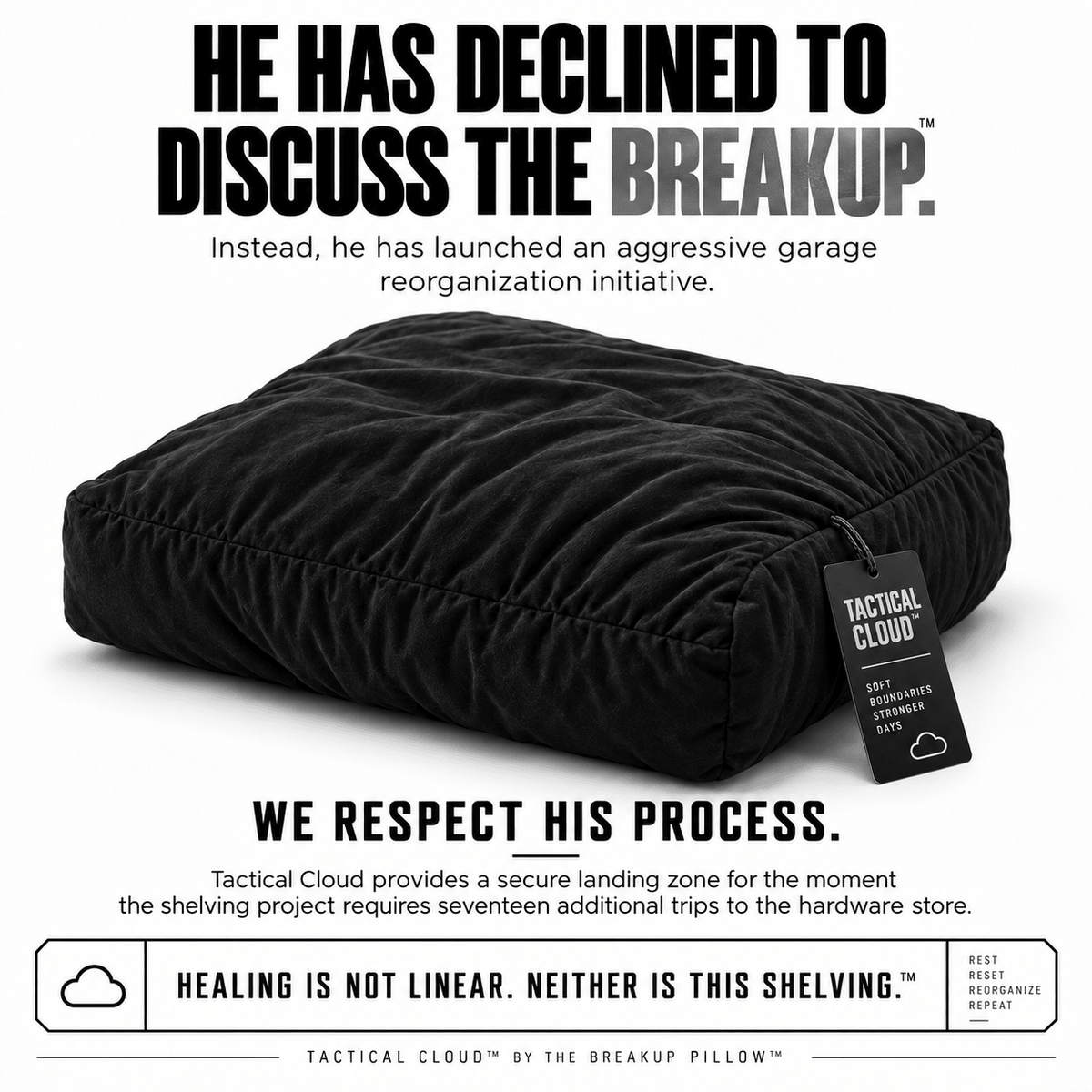 Tactical Cloud men's breakup pillow for couch recovery and post-project decompression