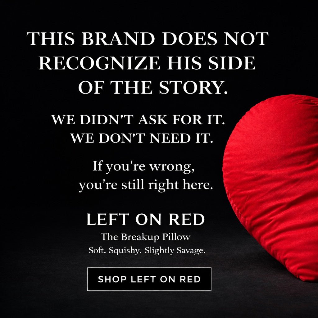 Promotional graphic for 'Left on Red' pillow with text on a black background