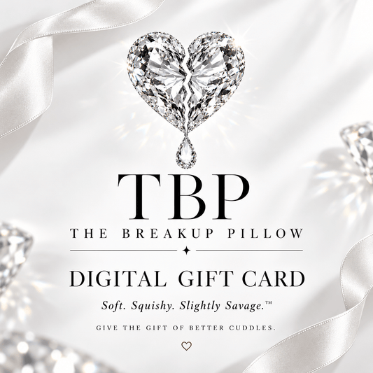 The Breakup Pillow digital gift card with diamond broken heart logo