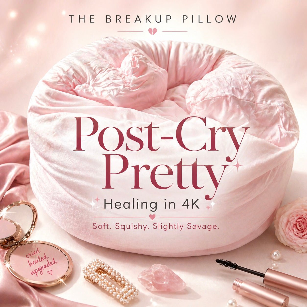 Pink squishy pillow with 'Post-Cry Pretty' text, surrounded by beauty products on a pink background.