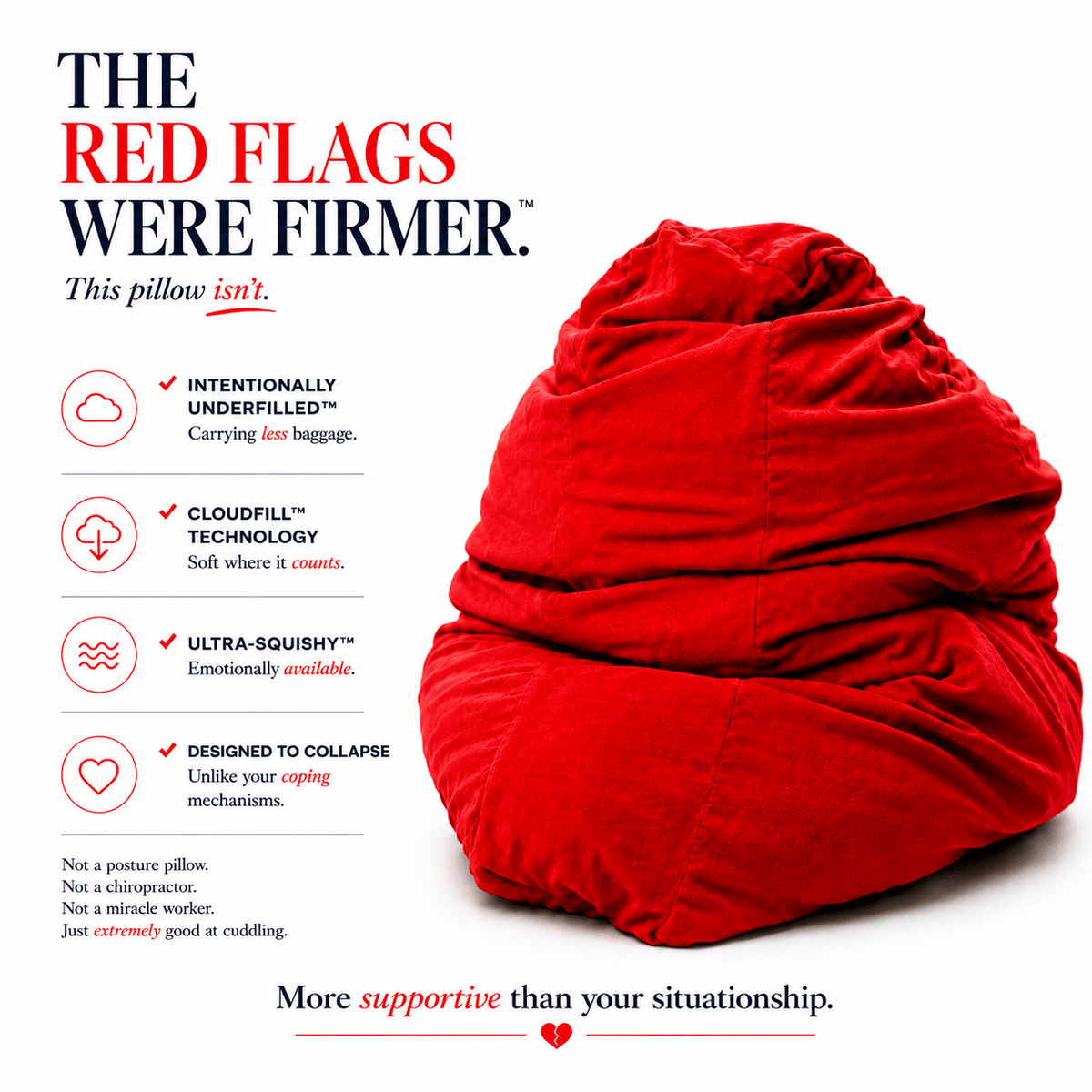 Red Flags Were Firmer – Red-Y To Be Petty red emotional support breakup pillow by The Breakup Pillow