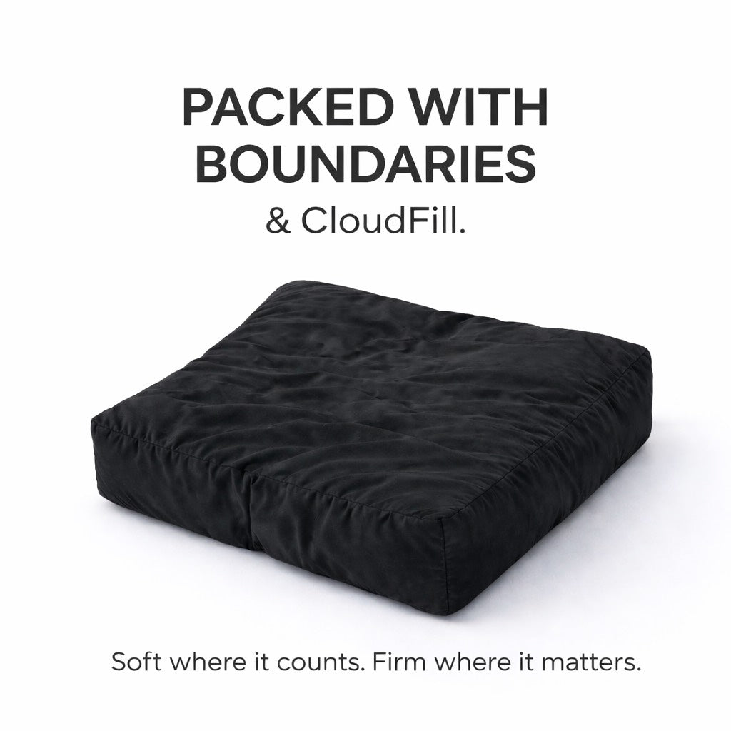 Black mattress cover with text about boundaries and CloudFill technology on a white background