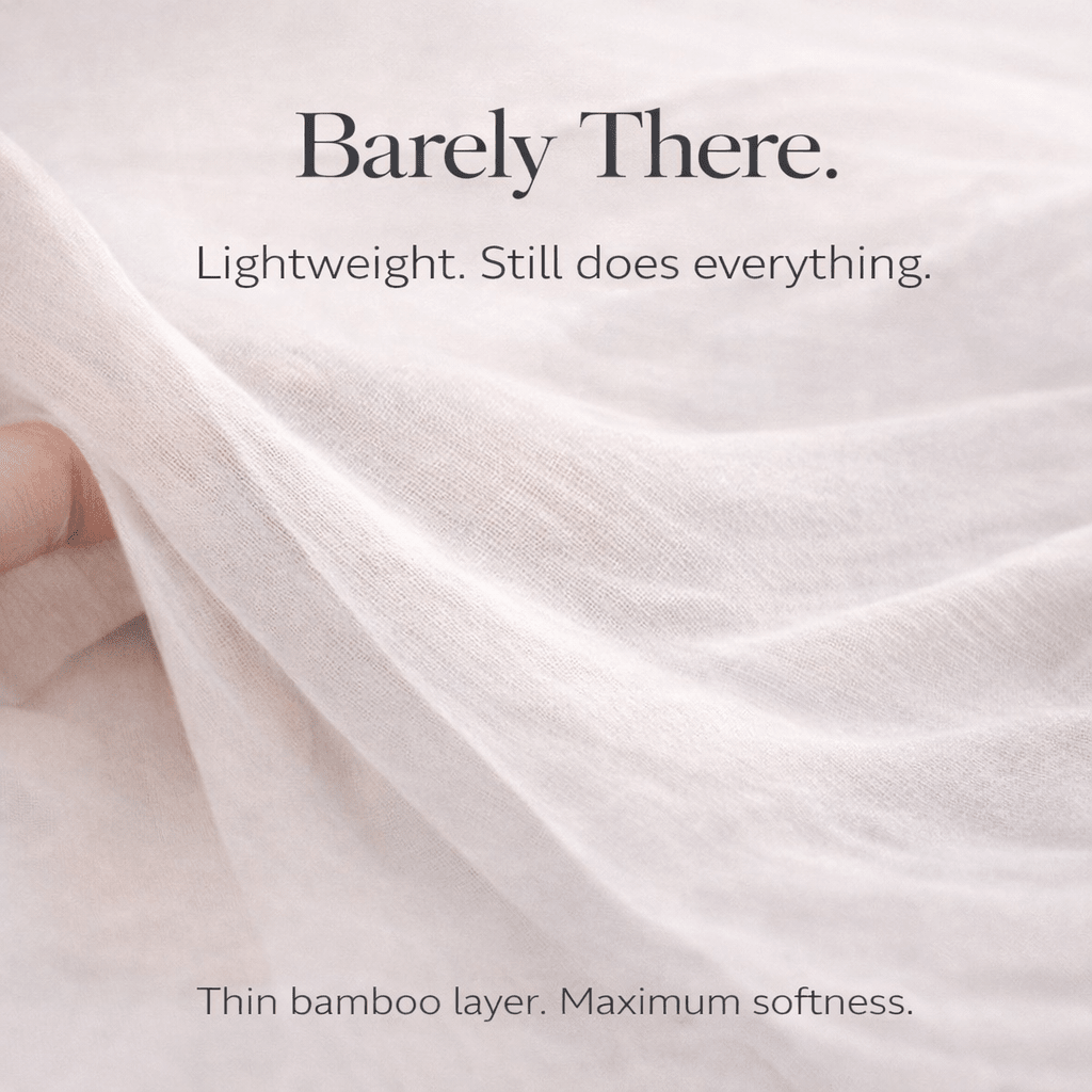 Close-up of light fabric with text highlighting its lightweight and soft nature