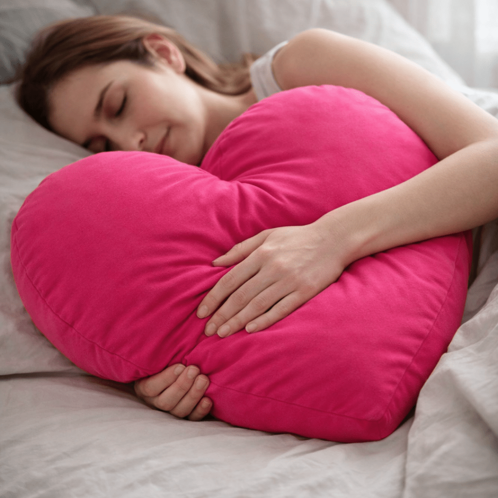 Woman sleeping with a pink heart-shaped pillow on a bed