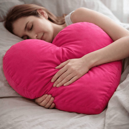 Woman sleeping with Big Smush Energy pink heart-shaped breakup pillow – ultra-soft bamboo cooling comfort pillow by The Breakup Pillow