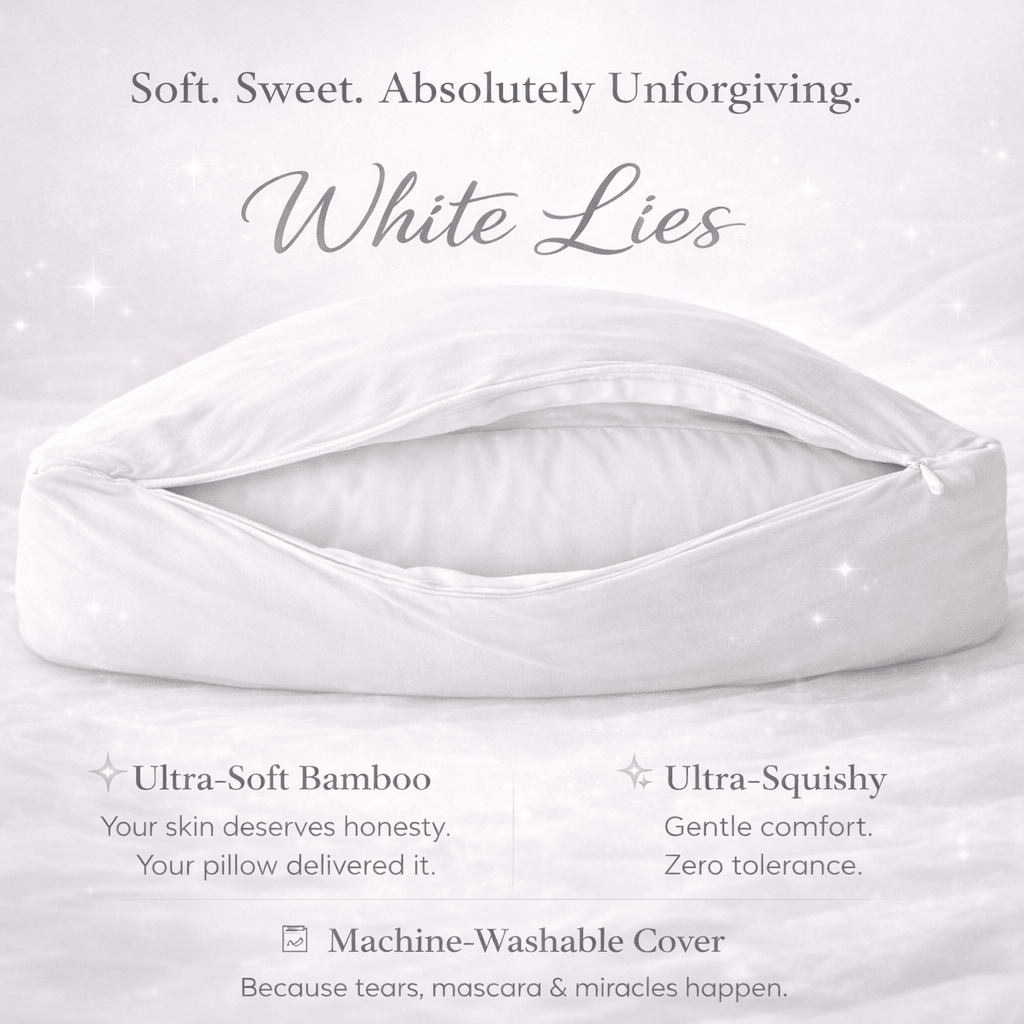 White pillow with text describing its features on a light gray background
