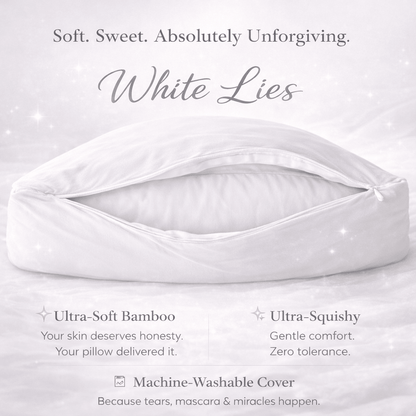 White Lies white breakup pillow features – machine-washable bamboo cover by The Breakup Pillow