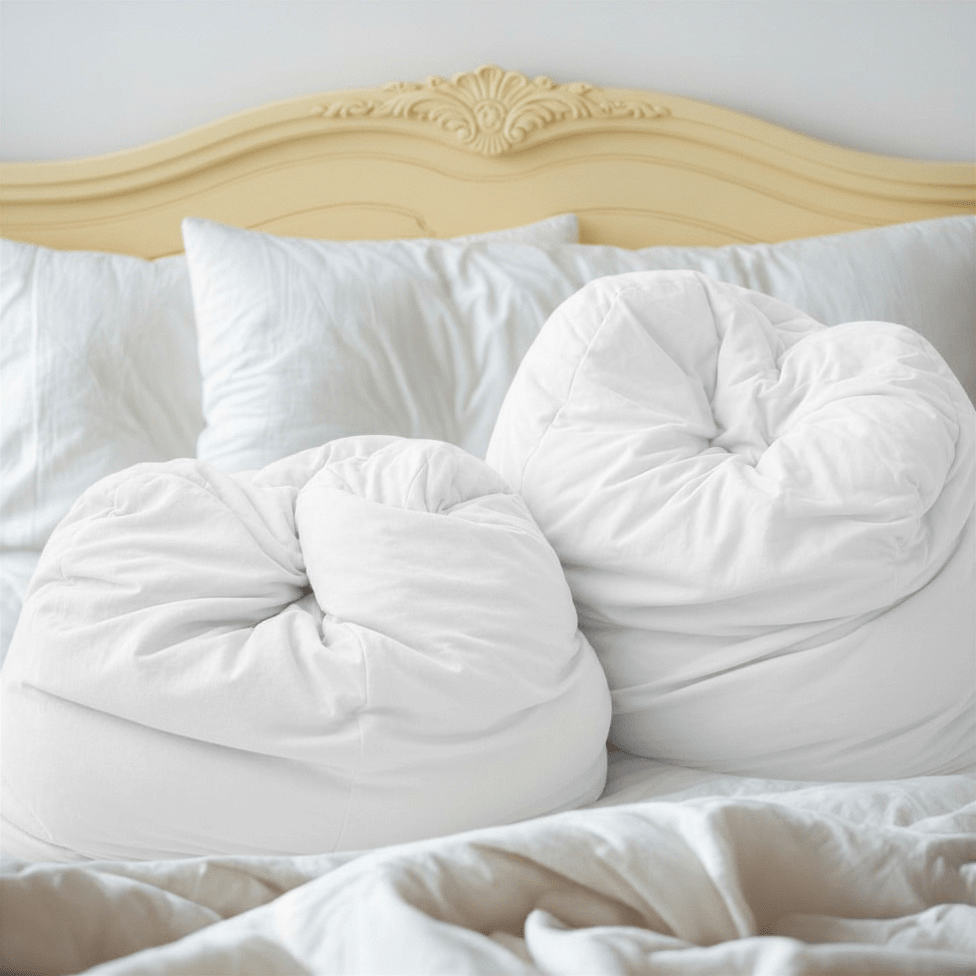 White pillowson a bed with pillows against a light-colored headboard.