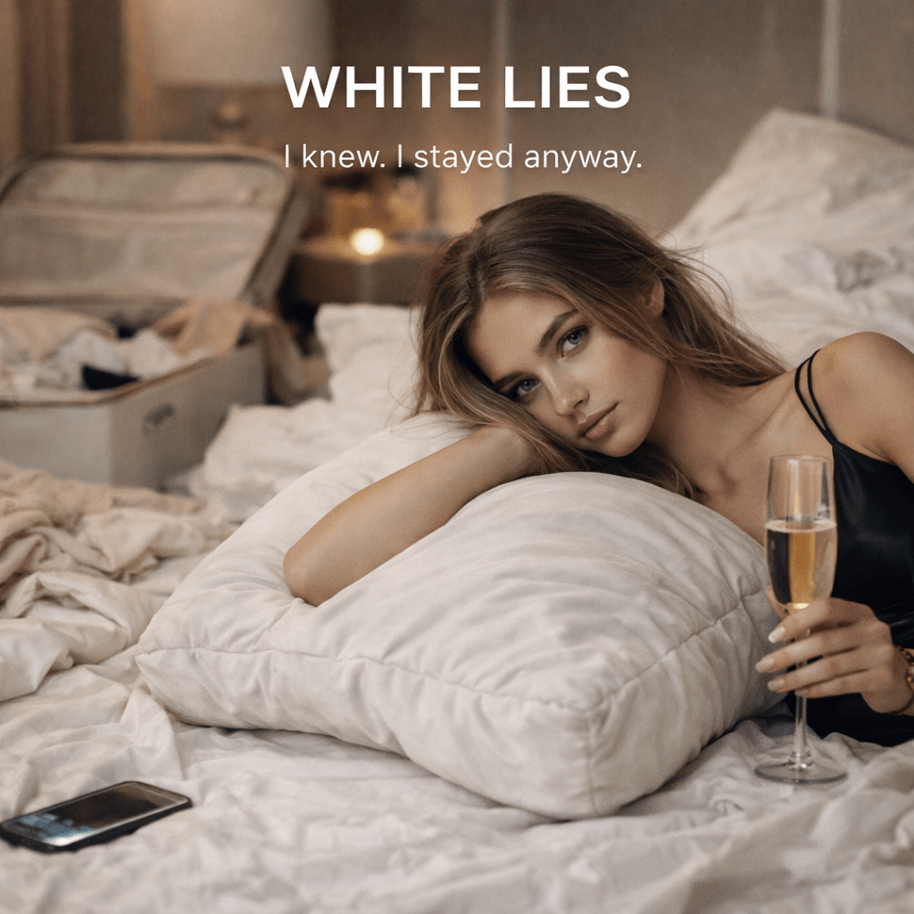 Woman lying on a bed holding a glass of champagne with text 'WHITE LIES' above her.