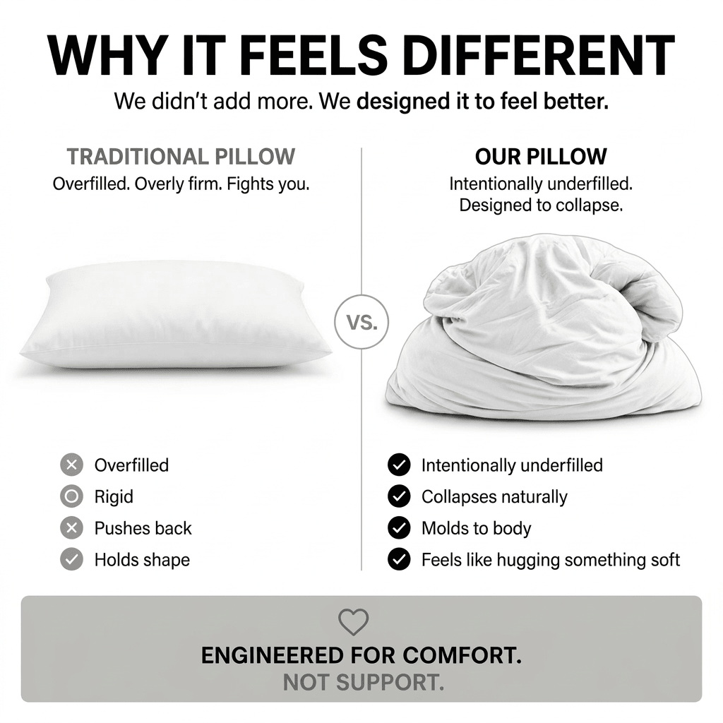 An infographic comparison graphic for a memory foam pillow, titled 'WHY IT FEELS DIFFERENT'. It features a side-by-side comparison of a traditional overfilled pillow on the left and the new underfilled pillow on the right, with text explaining the benefits of the new design.