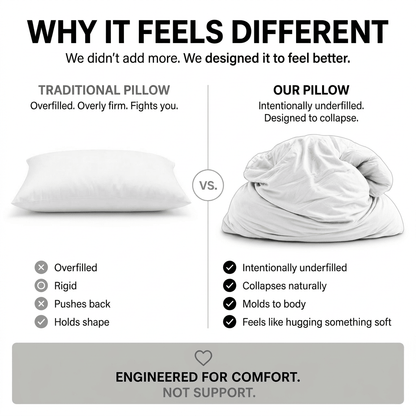 White Lies breakup pillow infographic – Why It Feels Different, overfilled vs intentionally underfilled bamboo pillow by The Breakup Pillow