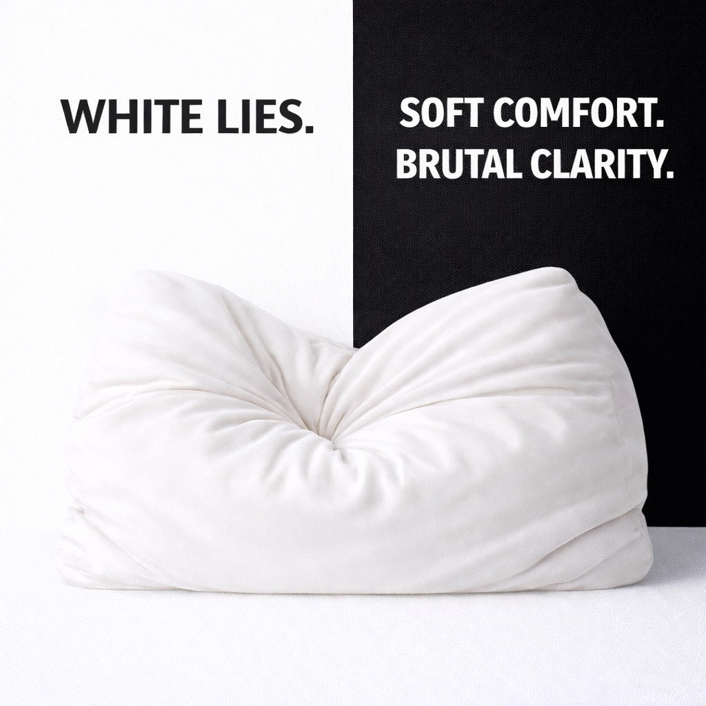 White pillow with text 'White Lies. Soft Comfort. Brutal Clarity.' on a black and white background