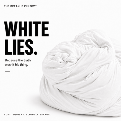White Lies white bamboo breakup pillow crumpled on white – divorce gift for her by The Breakup Pillow