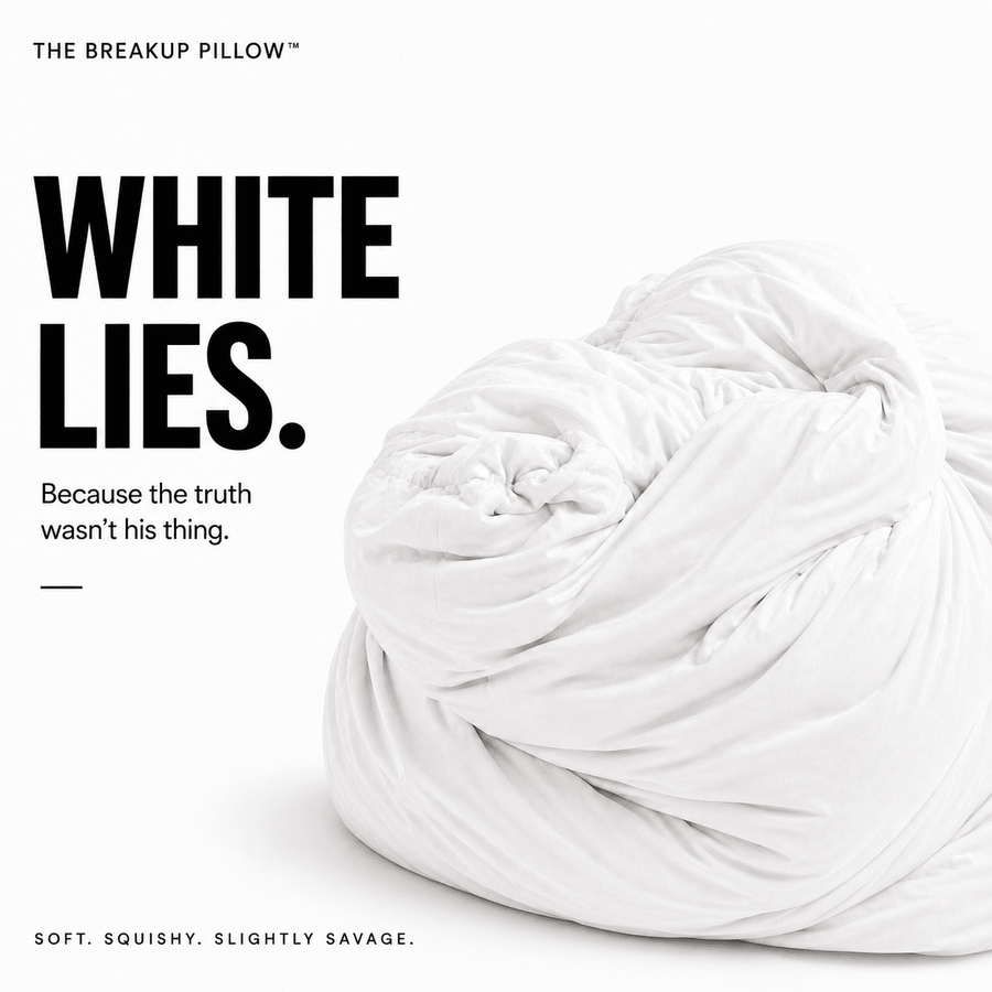 White Lies white bamboo breakup pillow crumpled on white – divorce gift for her by The Breakup Pillow