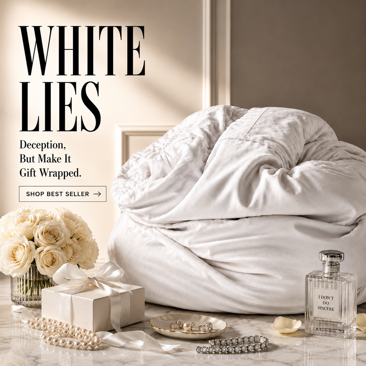White squishy pillow on a bed with decorative items and text overlay.