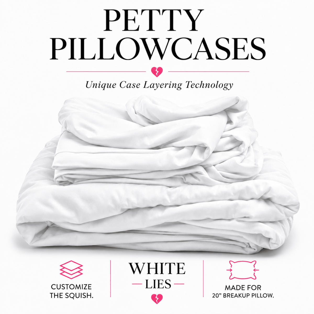 White Lies white Petty Pillowcases stack – bamboo covers for 20-inch breakup pillows by The Breakup Pillow