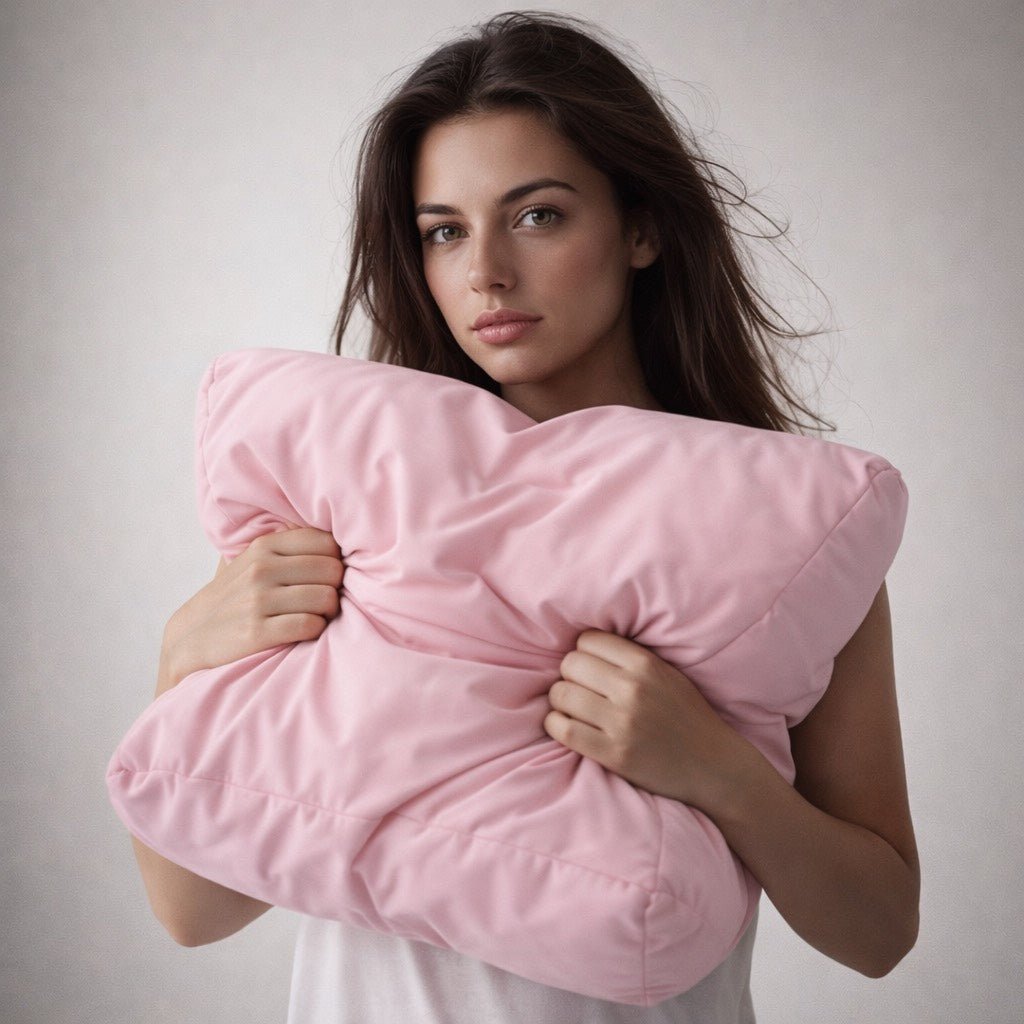 Woman holding a large pink breakup bamboo pillow against a plain background